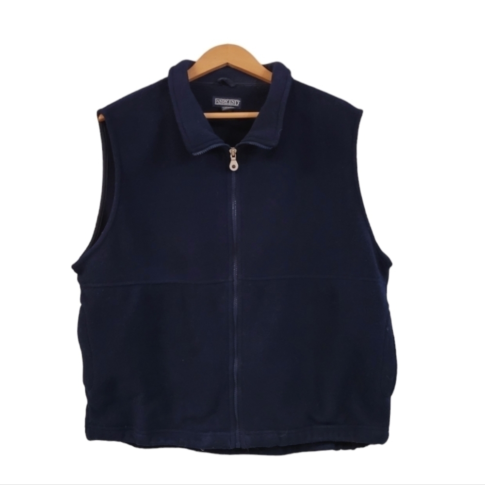 Vintage Lands' End Navy Blue Full Zip Fleece Vest Men's Size XL Pockets